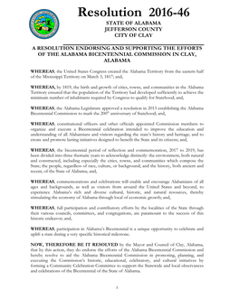 Resolution 2016-46 STATE of ALABAMA JEFFERSON COUNTY CITY of CLAY