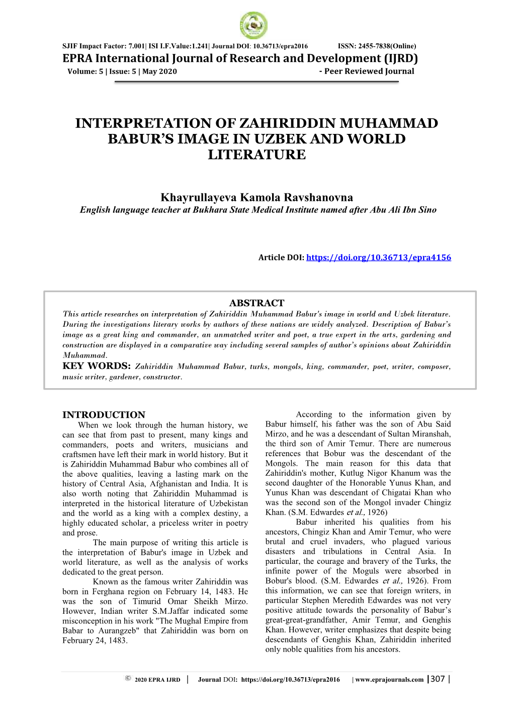 Interpretation of Zahiriddin Muhammad Babur's Image in Uzbek and World Literature