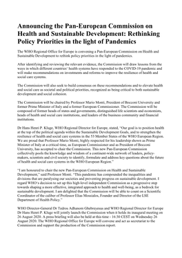 Announcing the Pan-European Commission on Health and Sustainable Development: Rethinking Policy Priorities in the Light of Pandemics