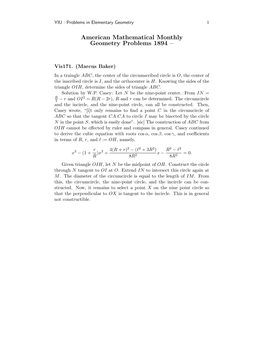 American Mathematical Monthly Geometry Problems 1894 –