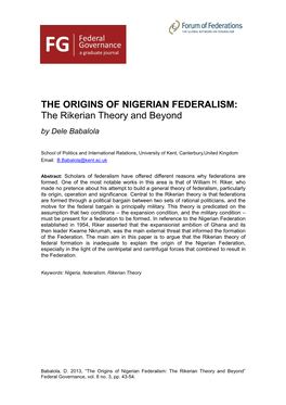 THE ORIGINS of NIGERIAN FEDERALISM: the Rikerian Theory and Beyond by Dele Babalola