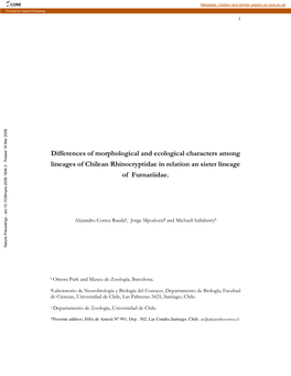 Differences of Morphological and Ecological Characters Among Lineages of Chilean Rhinocryptidae in Relation an Sister Lineage of Furnariidae