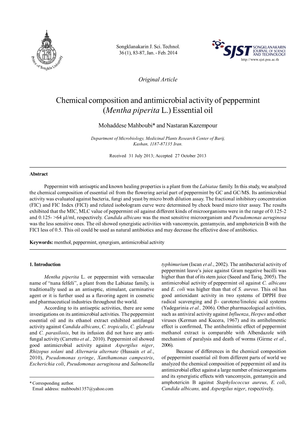 Chemical Composition and Antimicrobial Activity of Peppermint (Mentha Piperita L.) Essential Oil