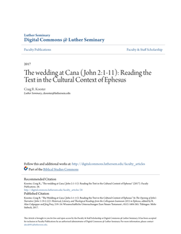 The Wedding at Cana (John 2:1-11): Reading the Text in the Cultural Context of Ephesus Craig R