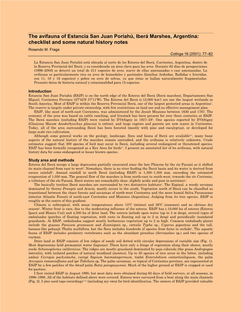 The Avifauna of Estancia San Juan Poriahú, Iberá Marshes, Argentina: Checklist and Some Natural History Notes