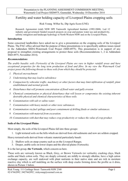 Fertility and Water Holding Capacity of Liverpool Plains Cropping Soils