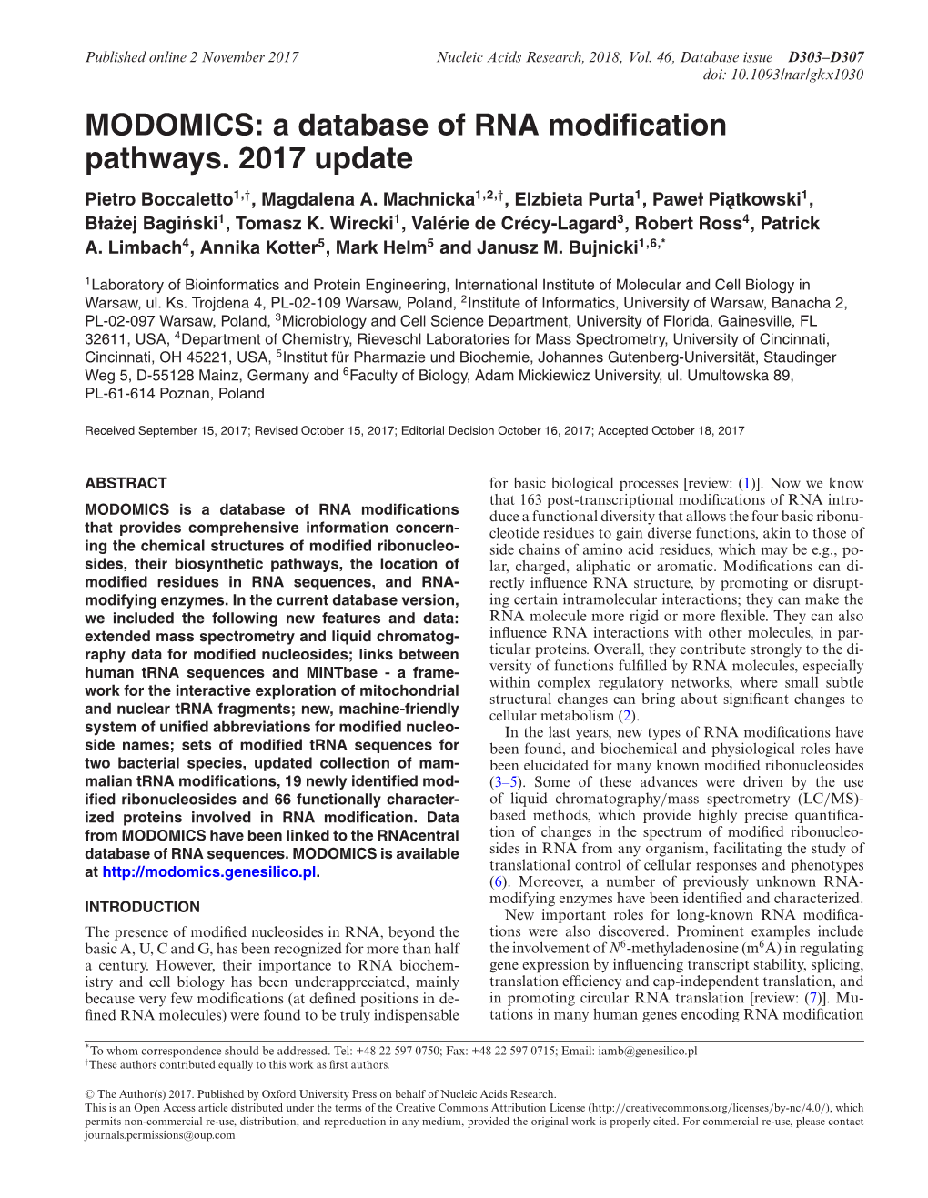 MODOMICS: a Database of RNA Modification Pathways. 2017 Update