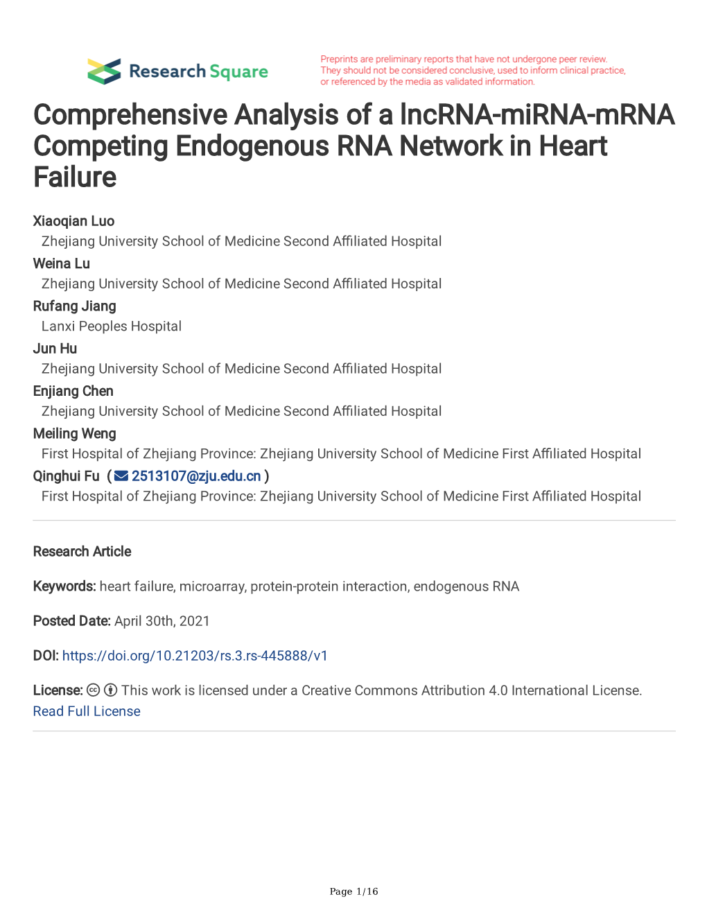 Comprehensive Analysis of a Lncrna-Mirna-Mrna Competing Endogenous RNA Network in Heart Failure