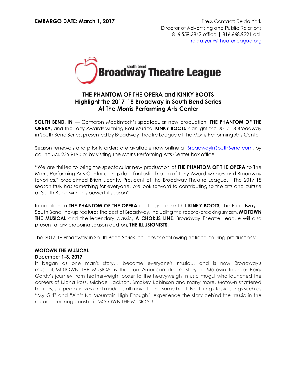 THE PHANTOM of the OPERA and KINKY BOOTS Highlight the 2017-18 Broadway in South Bend Series at the Morris Performing Arts Center