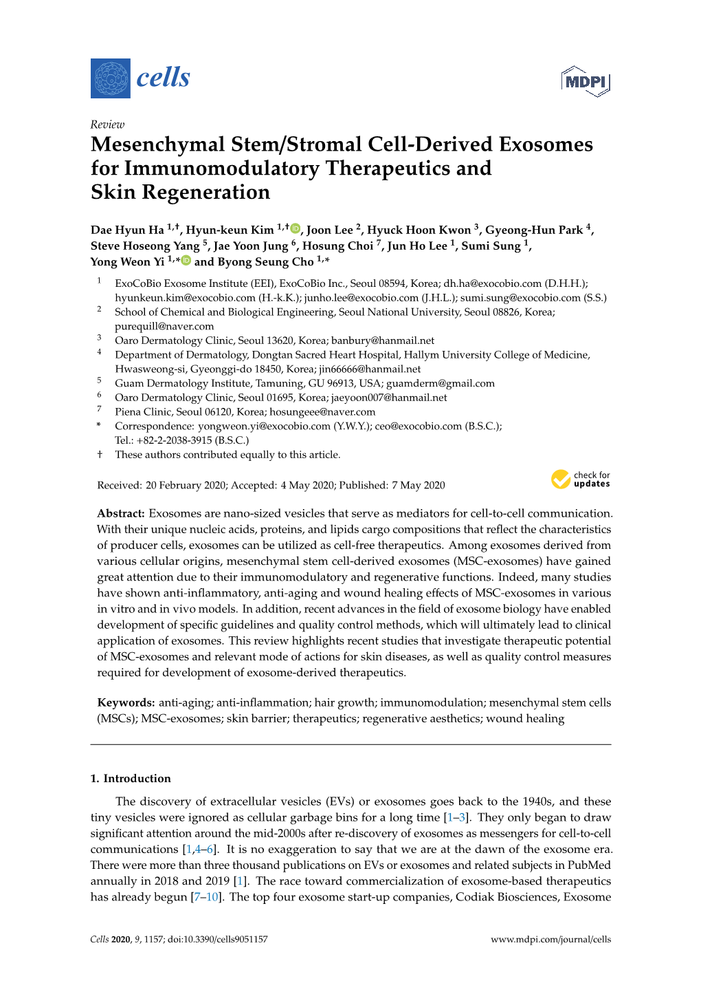 Mesenchymal Stem/Stromal Cell-Derived Exosomes for Immunomodulatory Therapeutics and Skin Regeneration