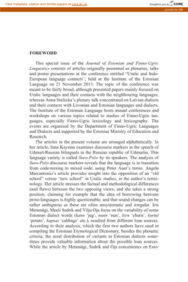 FOREWORD This Special Issue of the Journal of Estonian and Finno