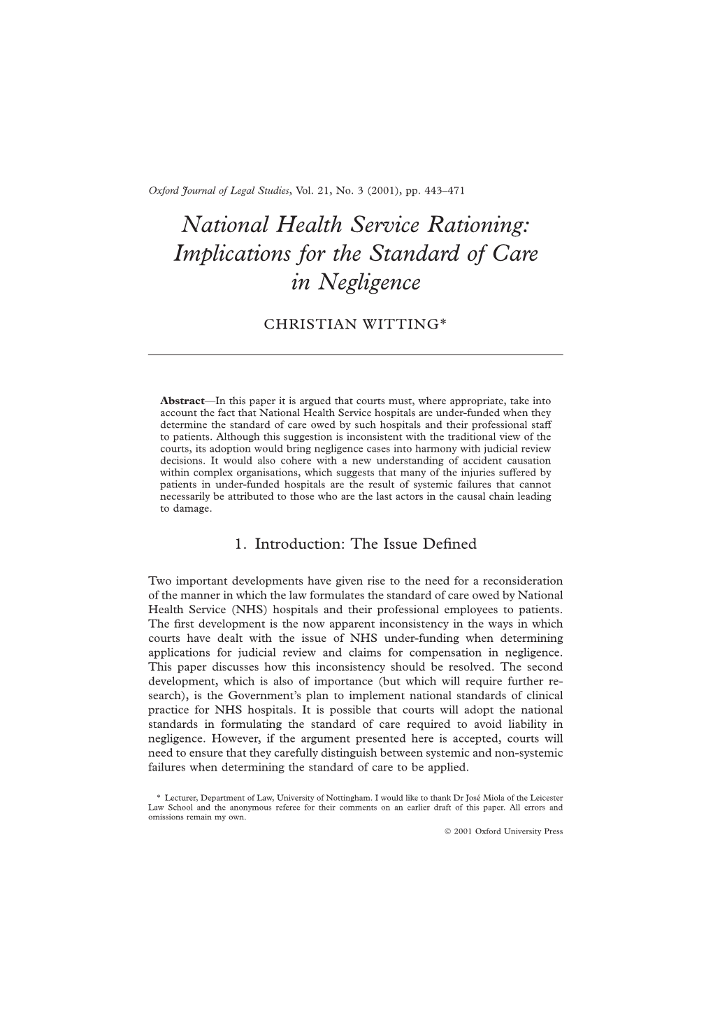 National Health Service Rationing: Implications for the Standard of Care in Negligence