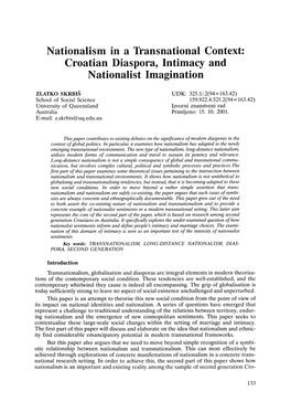 Nationalism in a Transnational Context: Croatian Diaspora, Intimacy and Nationalist Imagination
