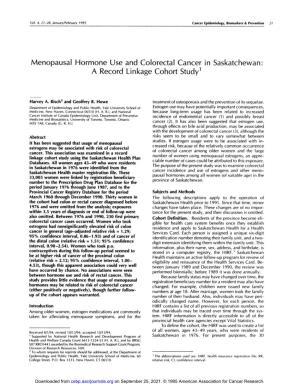 Menopausal Hormone Use and Colorectal Cancer in Saskatchewan: a Record Linkage Cohort Study1