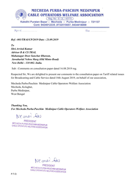 Ref : 003/TRAI/CP/2019 Date : 23.09.2019 to Shri.Arvind Kumar Advisor B & CS TRAI, Mahanagar Door Sanchar Bhawan, Jawaha