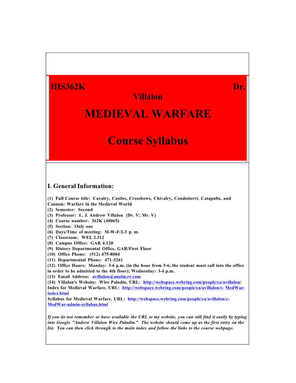 MEDIEVAL WARFARE Course Syllabus