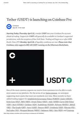Tether (USDT) Is Launching on Coinbase Pro | by Coinbase | Apr, 2021 | the Coinbase Blog