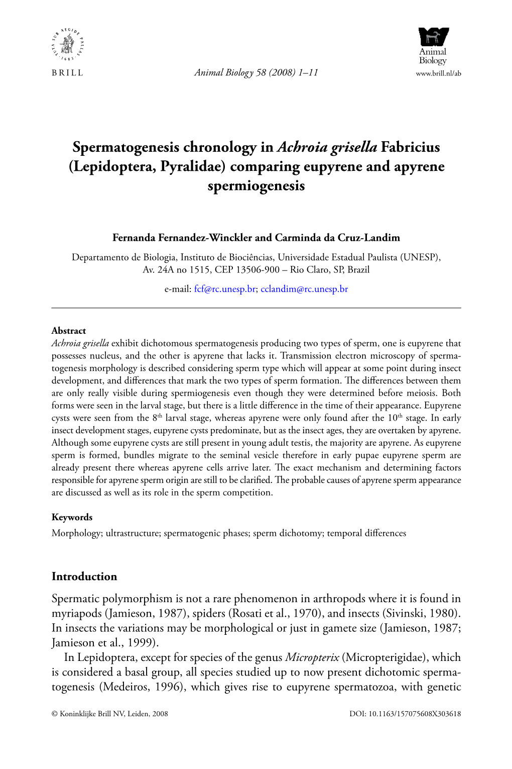 Spermatogenesis Chronology in Achroia Grisella Fabricius (Lepidoptera, Pyralidae) Comparing Eupyrene and Apyrene Spermiogenesis