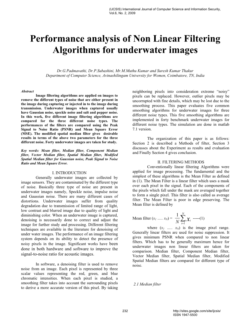 Performance Analysis of Non Linear Filtering Algorithms for Underwater Images