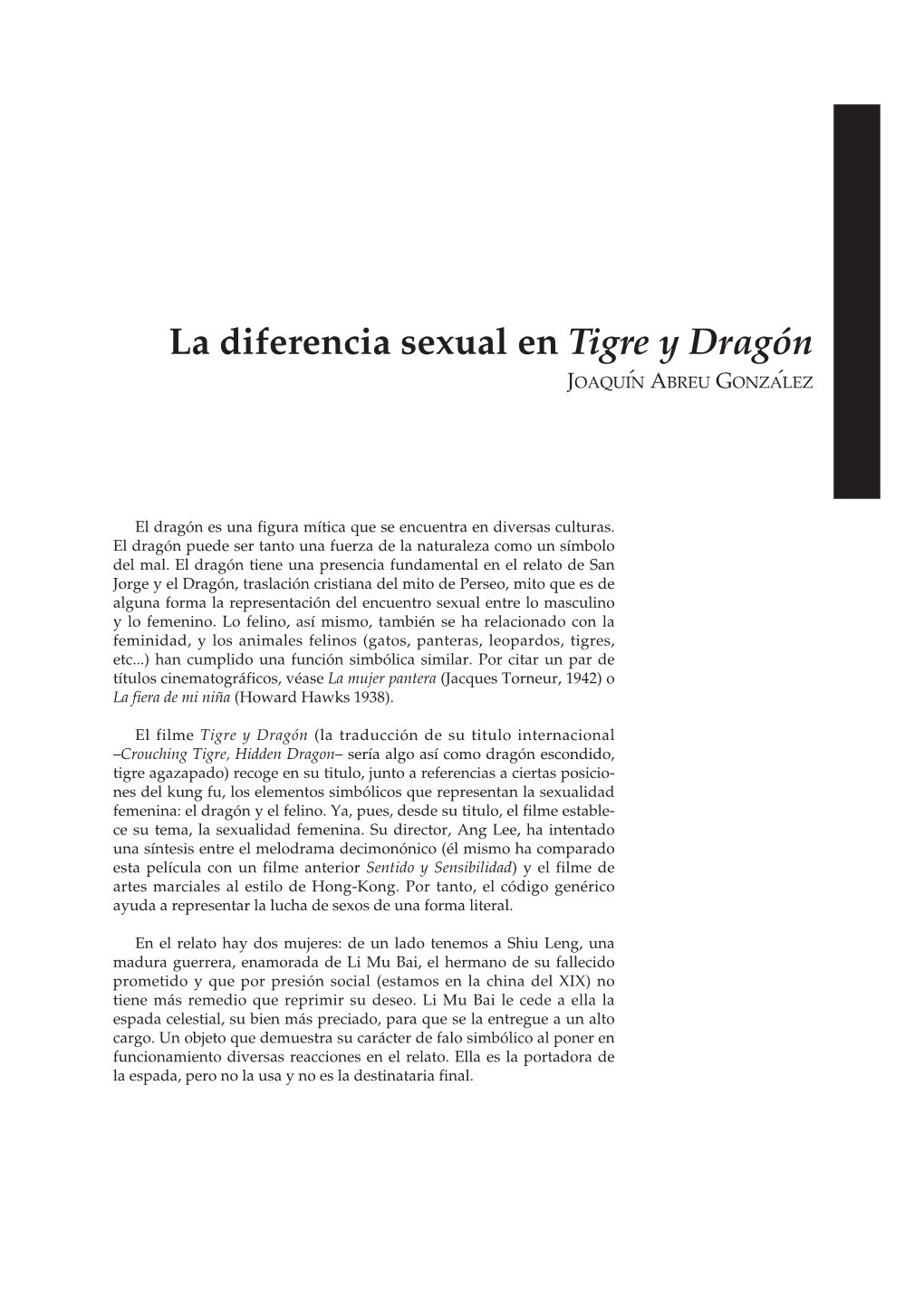 La Diferencia Sexual En Tigre Y Dragón JOAQUIN´ ABREU GONZALEZ´