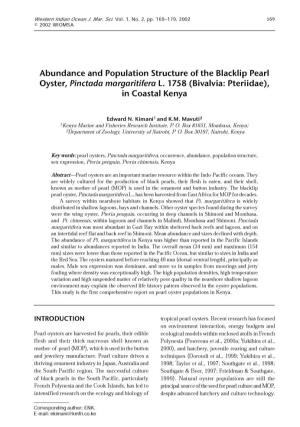 Abundance and Population Structure of the Blacklip Pearl Oyster,Pinctada Margaritifera L