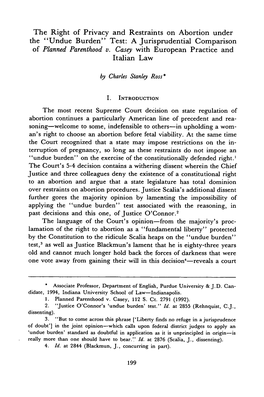 Right of Privacy and Restraints on Abortion Under the "Undue Burden" Test: a Jurisprudential Comparison of Planned Parenthood V