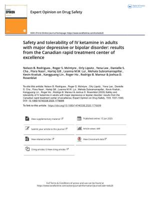 Safety and Tolerability of IV Ketamine in Adults with Major Depressive Or Bipolar Disorder: Results from the Canadian Rapid Treatment Center of Excellence