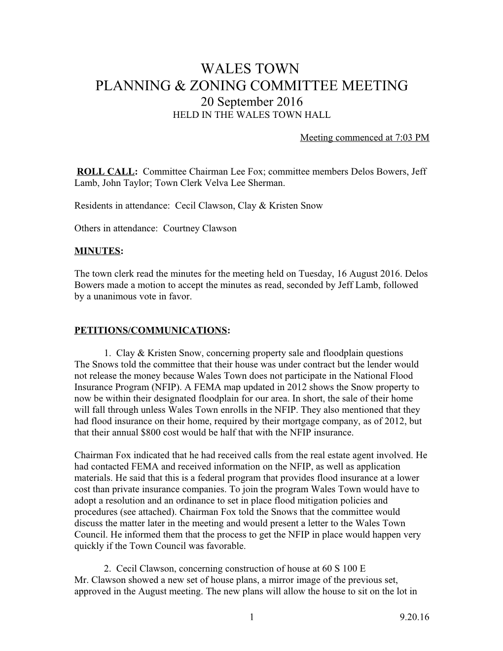 Wales Town Planning & Zoning Committee