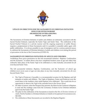 UPDATE on DIRECTIVES for the SACRAMENTS of CHRISTIAN INITIATION OFFICE for DIVINE WORSHIP ARCHDIOCESE of PHILADELPHIA FRIDAY, April 3, 2020