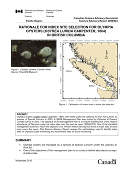 Rationale for Index Site Selection for Olympia Oysters (Ostrea Lurida Carpenter, 1864) in British Columbia