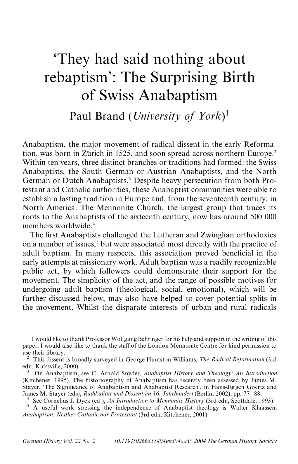 The Surprising Birth of Swiss Anabaptism