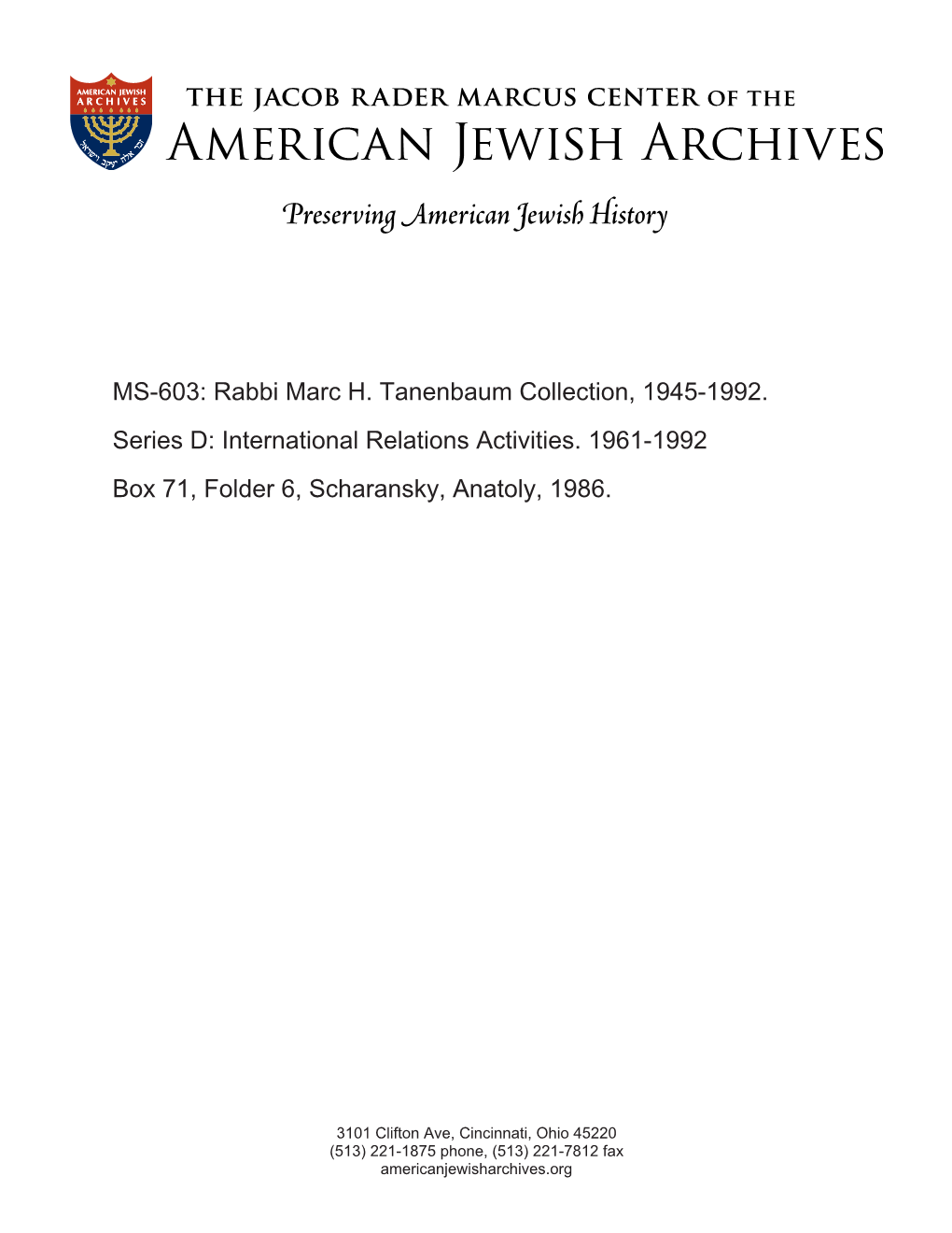 MS-603: Rabbi Marc H. Tanenbaum Collection, 1945-1992