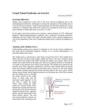 Carpal Tunnel Syndrome, an Overview Jim Lewis, R.NCS.T