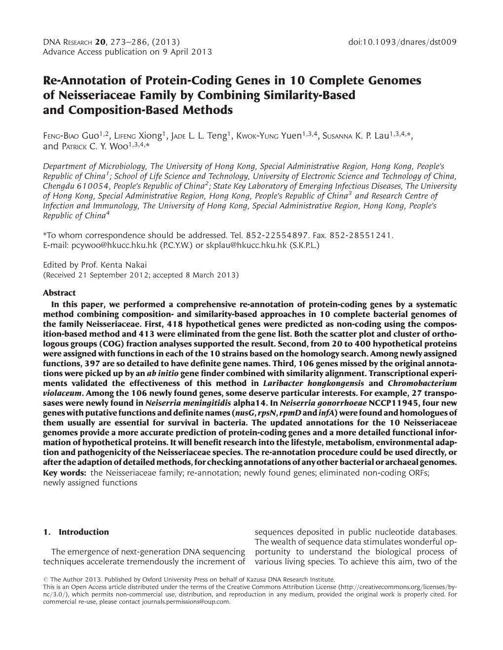 Re-Annotation of Protein-Coding Genes in 10 Complete Genomes of Neisseriaceae Family by Combining Similarity-Based and Composition-Based Methods