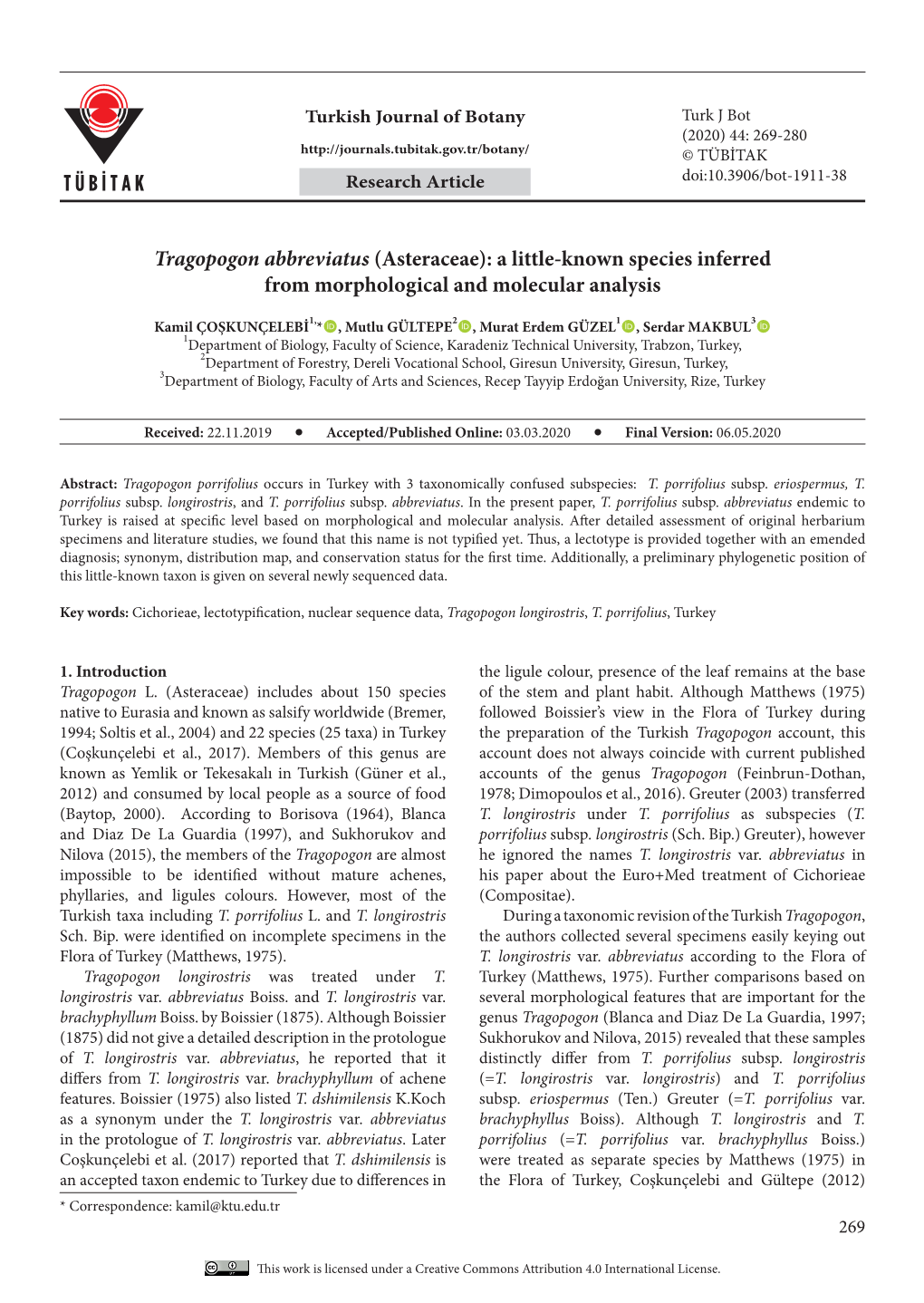 Tragopogon Abbreviatus (Asteraceae): a Little-Known Species Inferred from Morphological and Molecular Analysis