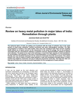 Review on Heavy Metal Pollution in Major Lakes of India: Remediation Through Plants