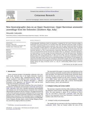 New Biostratigraphic Data on an Upper Hauterivianeupper Barremian Ammonite Assemblage from the Dolomites (Southern Alps, Italy)