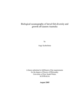 Biological Oceanography of Larval Fish Diversity and Growth Off Eastern Australia