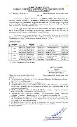 Government of Assam Office of the Director of Elementary Education, Assam Kahilipara, Guwahati-19