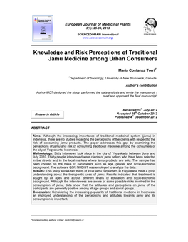 Knowledge and Risk Perceptions of Traditional Jamu Medicine Among Urban Consumers