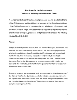 The Quest for the Quintessence: the Path of Alchemy and the Golden Dawn
