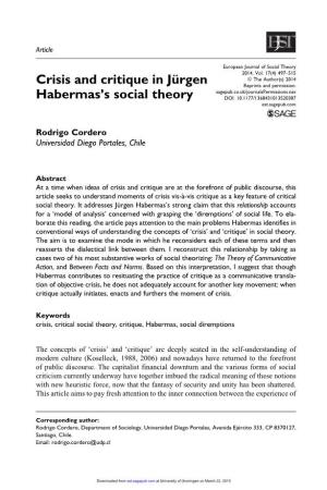 Crisis and Critique in Ju¨Rgen Habermas's Social Theory