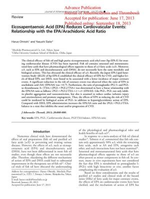 Eicosapentaenoic Acid (EPA) Reduces Cardiovascular Events: Relationship with the EPA/Arachidonic Acid Ratio