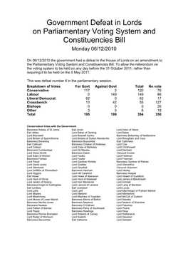 Government Defeat in Lords on Parliamentary Voting System and Constituencies Bill Monday 06/12/2010