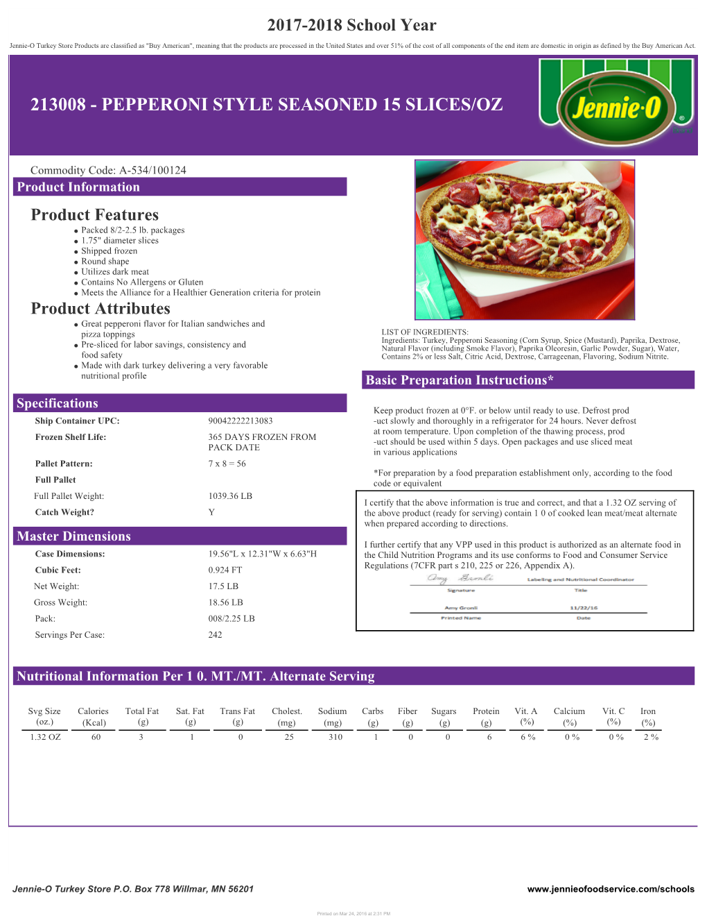 213008 - Pepperoni Style Seasoned 15 Slices/Oz