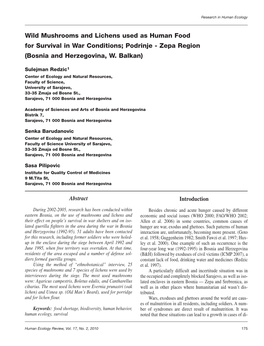 Wild Mushrooms and Lichens Used As Human Food for Survival in War Conditions; Podrinje - Zepa Region (Bosnia and Herzegovina, W