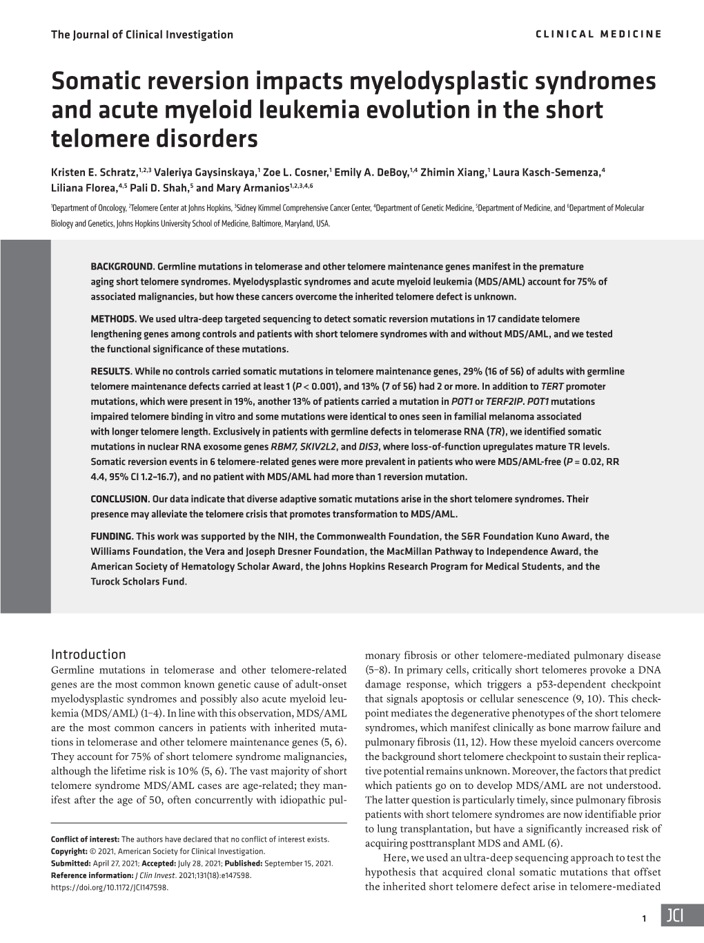 Somatic Reversion Impacts Evolution of Myelodysplastic Syndromes and Acute Myeloid Leukemia in the Short Telomere Disorders