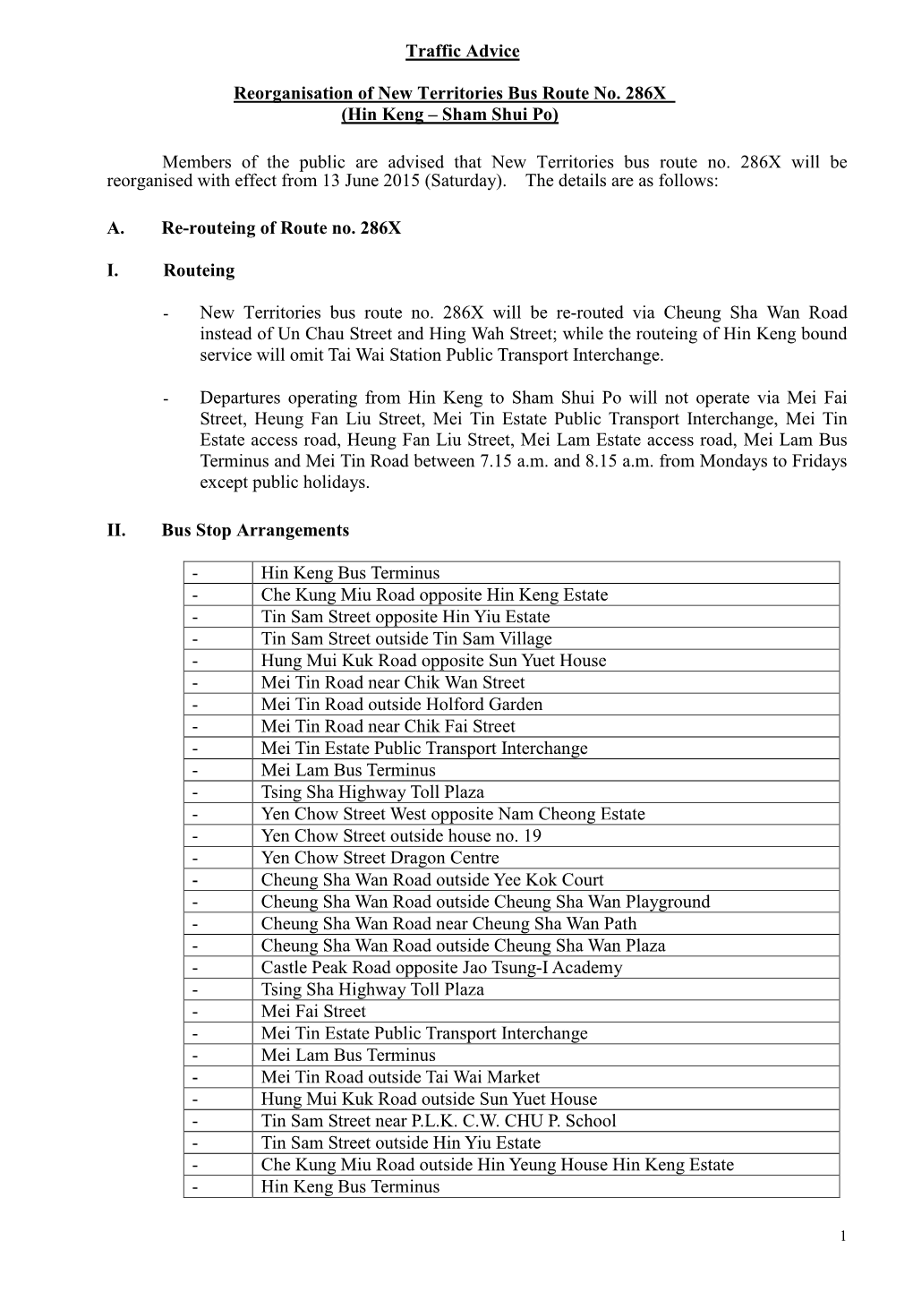 Reorganisation of New Territories Bus Route No. 286X (Hin Keng – Sham Shui Po)