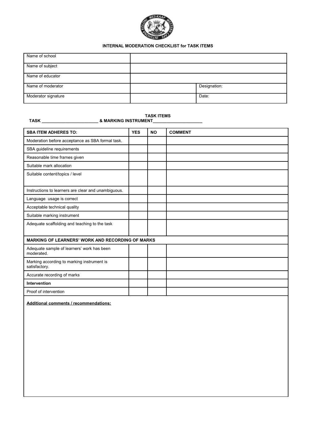 Internal Moderation Checklist