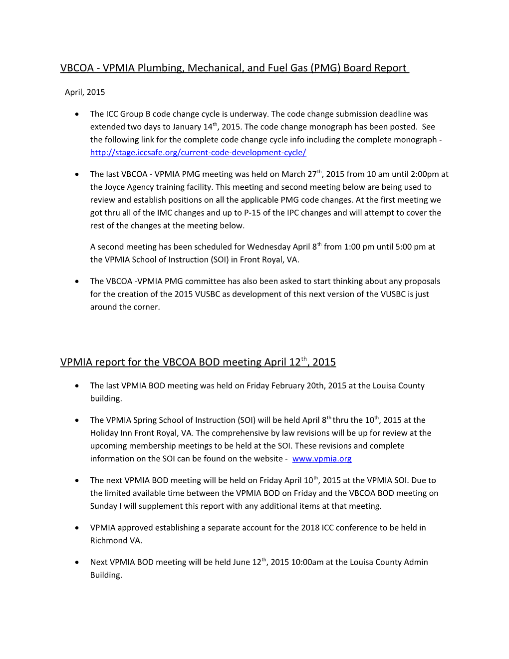 VBCOA - VPMIA Plumbing, Mechanical, and Fuel Gas (PMG) Board Report